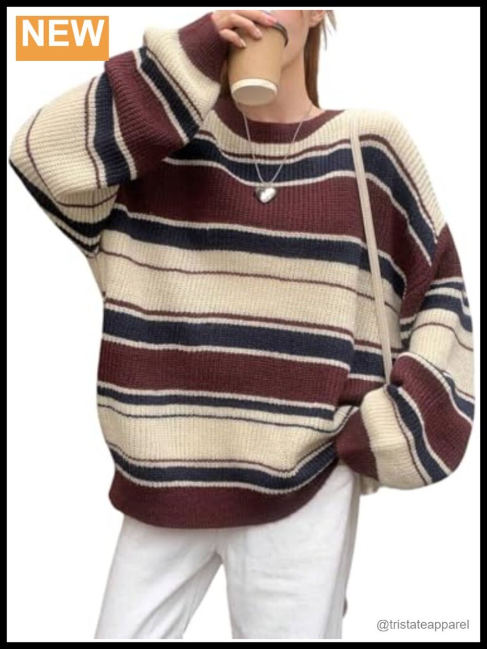 Chunky Knit Striped Pullover Sweater Preppy Casual Crew Neck Long Sleeve